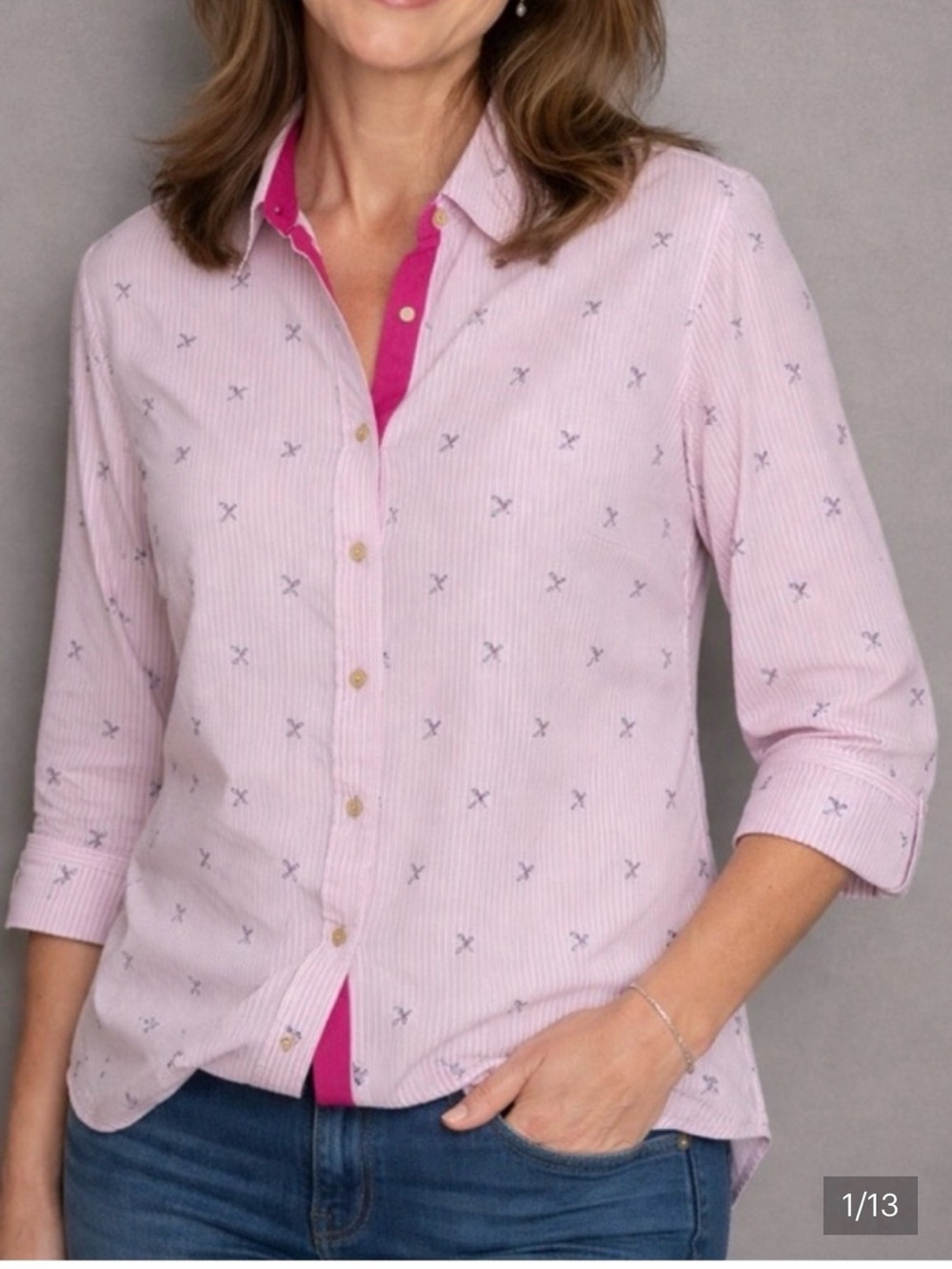 Chico's Sz 16 No Iron 100% Linen Pink & White Stripe 3/4 Sleeve Hummingbird Top